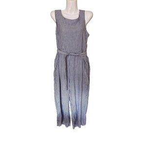 Tahari Womens Blue‎ & White Linen Blend Sleeveless JumpsuitBelt Sz 6 Boho Beachy